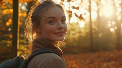 A young girl smiling in an autumn forest with bright leaves and warm sunlight shining through the trees, creating a joyful atmosphere.