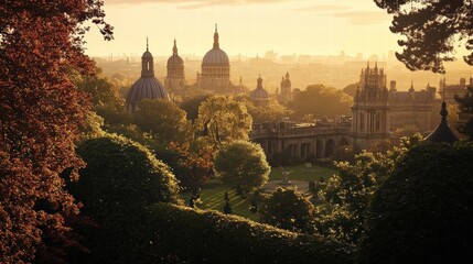 A Beautiful Sunset Over Historic Buildings and Greenery in a Peaceful Landscape