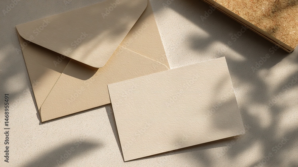 Poster blank card and envelope mockup with notebook on neutral surface
