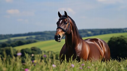 Beautiful brown horse in a green field under a clear blue sky. A serene country landscape with rolling hills and wildflowers.