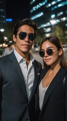 Stylish Couple in Business Attire Posing Together at Night Near City Building, Sunglasses