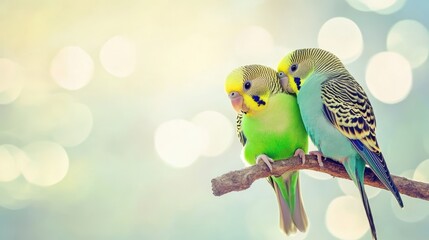 Two Colorful Budgerigars Resting on a Branch in Soft Light