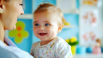 Smiling baby visiting pediatrician in bright medical room