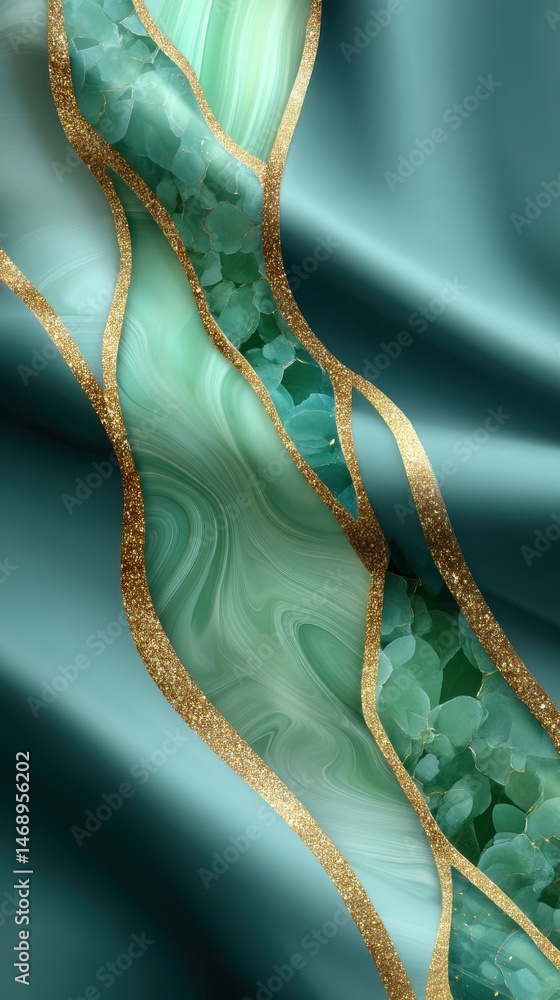 Poster elegant green and gold abstract background featuring flowing marble patterns with shimmering gold ac
