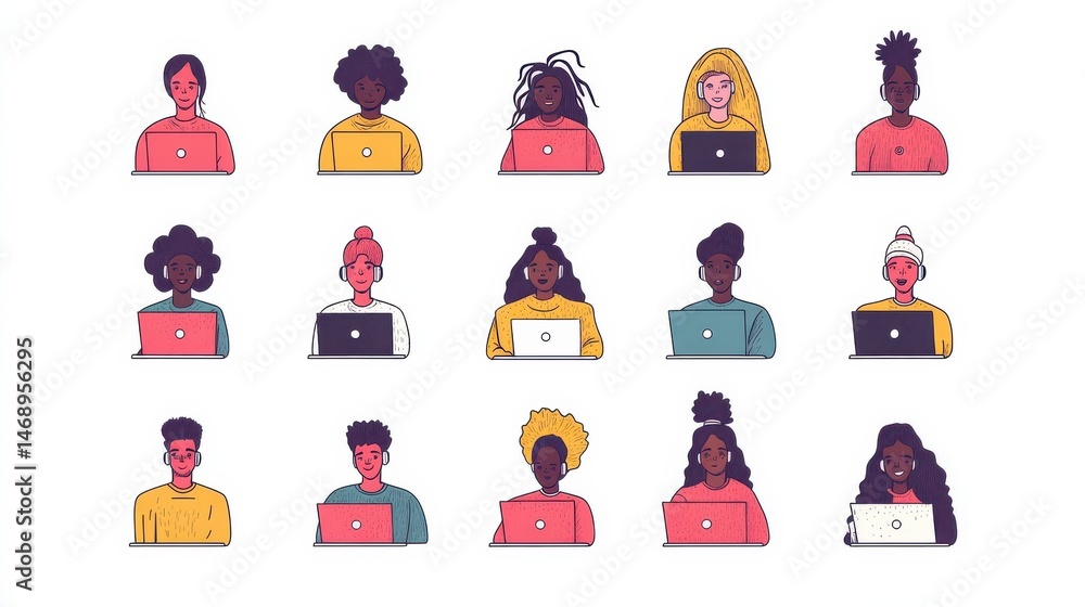 Poster linear vector illustration set of isolated people with computers at workplace virtual video conferen