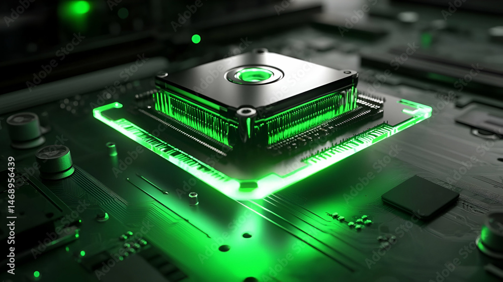 Poster closeup green glowing computer microchip on circuit board