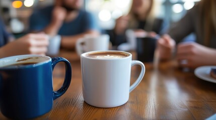 Obraz premium business, people and team work concept - close up of creative team meeting and drinking coffee during lunch in office illustration , no logos, no brands