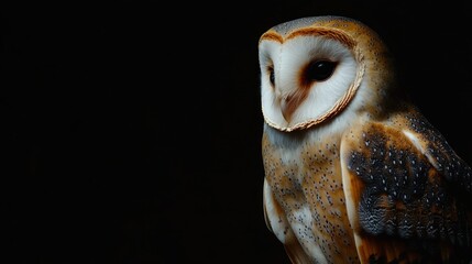 Barn owl portrait, dark background, wildlife study, nature photography