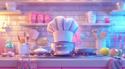 Colorful Kitchen Scene with Chef Hat and Cooking Equipment Display