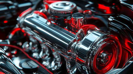 Fototapeta premium Closeup of a Chrome Car Engine with Red Accents