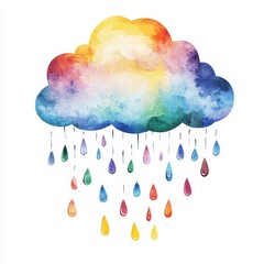 Colorful Watercolor Cloud with Raindrops in Vibrant Shades