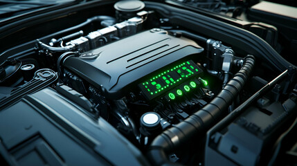 Closeup of a Dark Car Engine with Glowing Green Digital Display