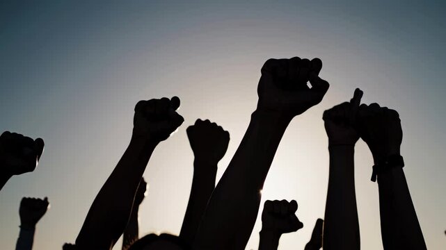 Unity and power: silhouetted fists raised against sunset sky in symbolic protest