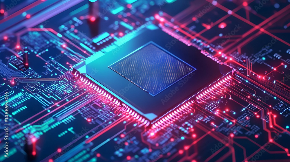 Poster closeup of a microchip on a circuit board