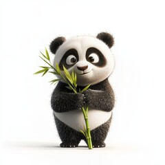 Cute Cartoon Panda Holding Bamboo with a Cheerful Expression