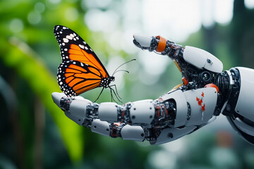 A robot hand holding a butterfly on top of a human hand