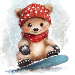 Cute Cartoon Bear Snowboarding in Winter Hat and Scarf