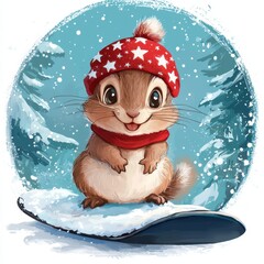 Cute Cartoon Squirrel Wearing Winter Hat on Snowy Background