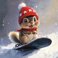 Playful Squirrel on Snowboard in Winter Wonderland Scene
