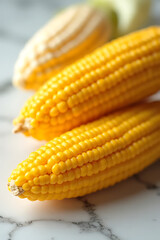Close-up of fresh yellow corn on a rustic wooden table with natural sunlight highlighting juicy kernels