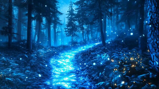 Mystical glowing path through dark enchanted blue forest