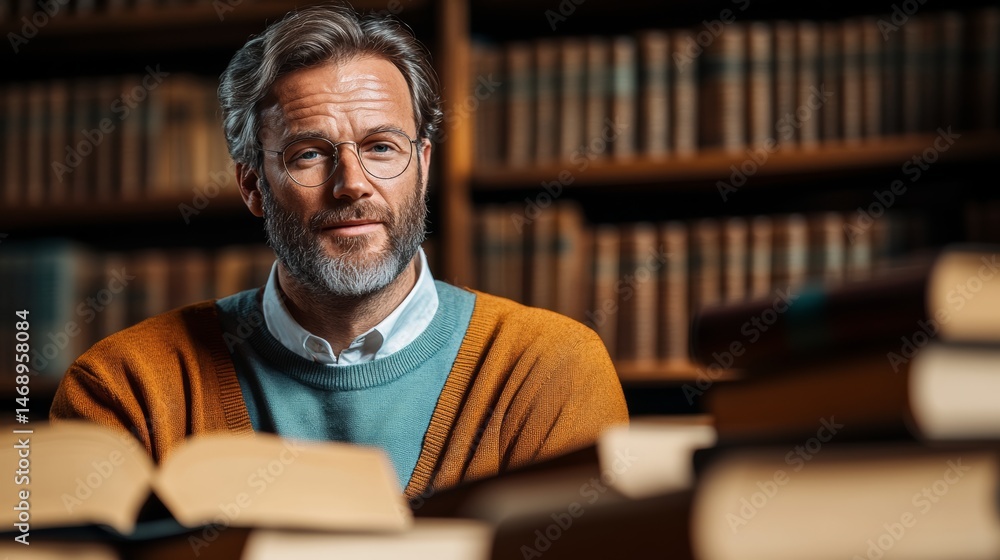 Poster Man in a sweater sits in front of a stack of books. He is looking at the camera with a serious expression. Concept of focus and concentration, as if the man is deeply engaged in his work or study