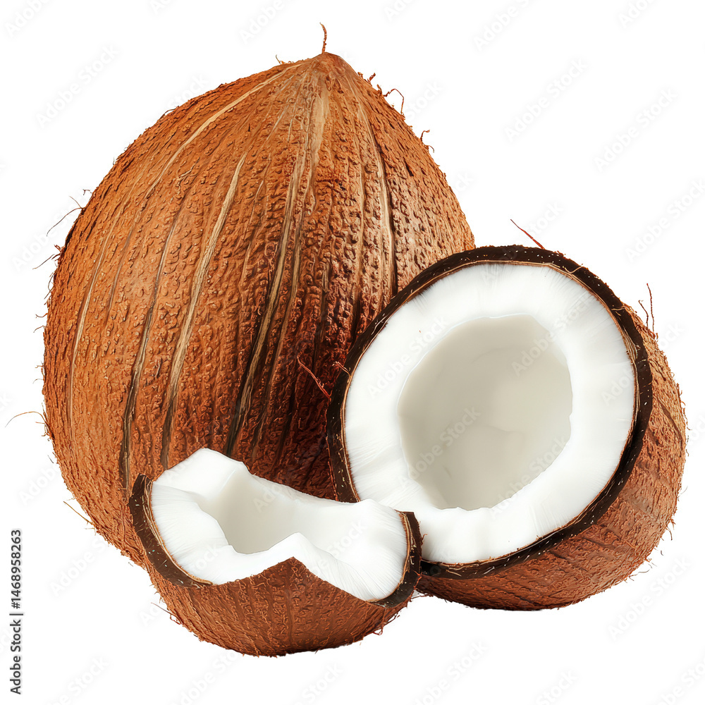 Poster whole coconut displayed on a wooden surface with natural texture and unique shape representing tropi