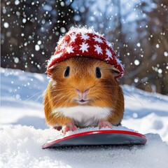 Adorable Guinea Pig in Red Winter Hat Snowboarding in Snowy Landscape
