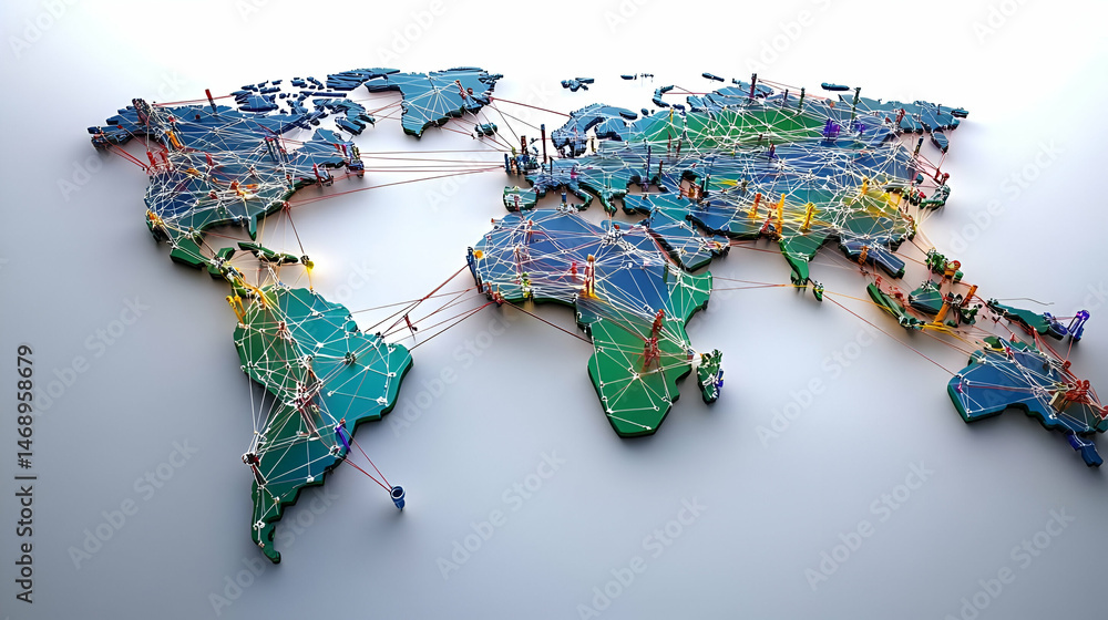 Poster colorful 3d world map with global connections and network visualization
