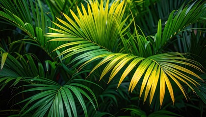 Lush green palm leaves with striking yellow accents create a vibrant tropical atmosphere, showcasing nature's beauty and diversity