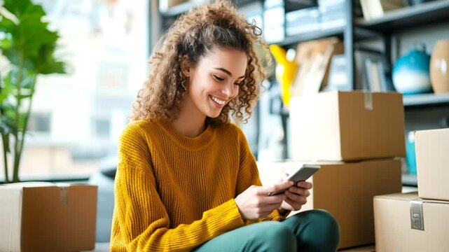 Smiling young woman uses a smartphone in a cozy home environment with lots of boxes - the concept of a small business at home