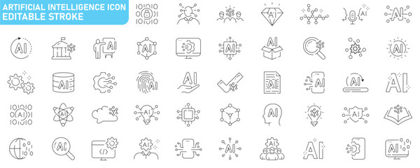 Artificial intelligence line icons editable stroke technology neural network machine learning data innovation digital minimal modern set collection outline concept creative science futuristic