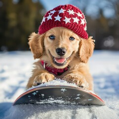 Happy Dog in Red Hat Enjoying Winter Fun on Snowy Slope