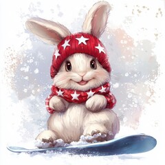 Cute Cartoon Bunny with Red Hat and Scarf on Snowboard Winter Fun