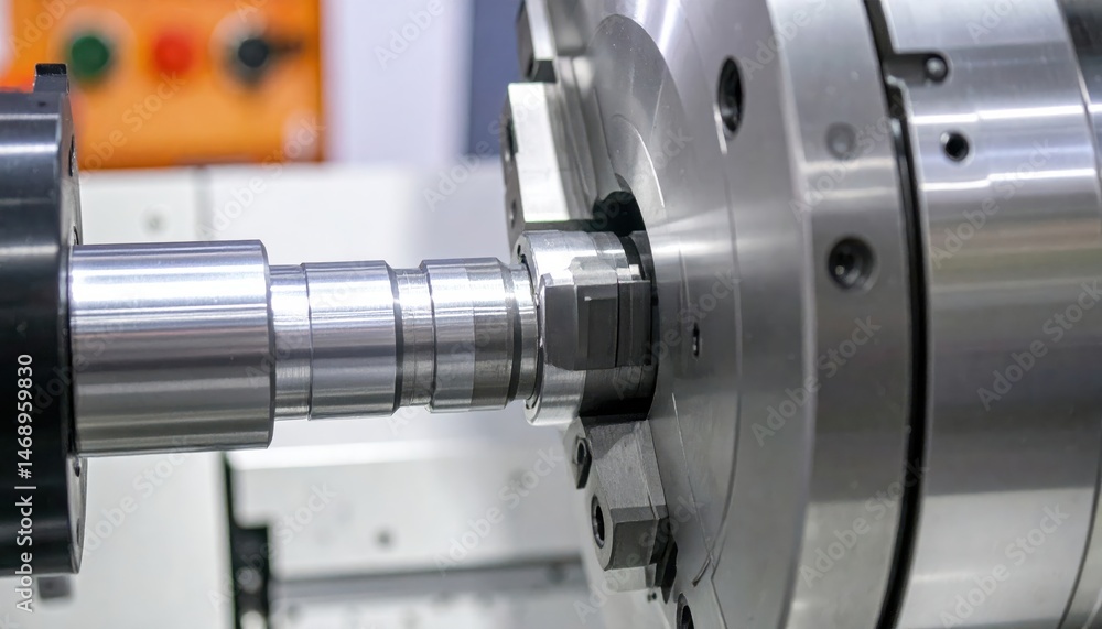 Poster close-up of a precision machining process, showcasing metal components being shaped by a lathe in a 