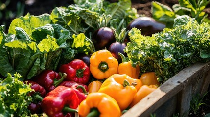 A vibrant assortment of vegetables like peppers, lettuce, and herbs spilling from a wheelbarrow, under the warm spring sunlight of the community garden.