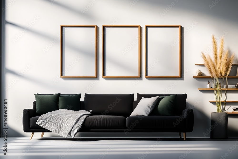 Poster black couch is in a room with three empty picture frames on the wall. the couch is covered with a gr