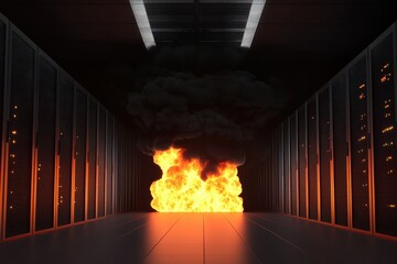 Dramatic Fire and Smoke Erupting in Server Room Environment