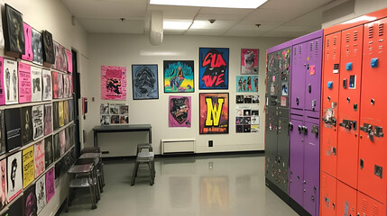 Colorful Posters and Lockers in a School Hallway
