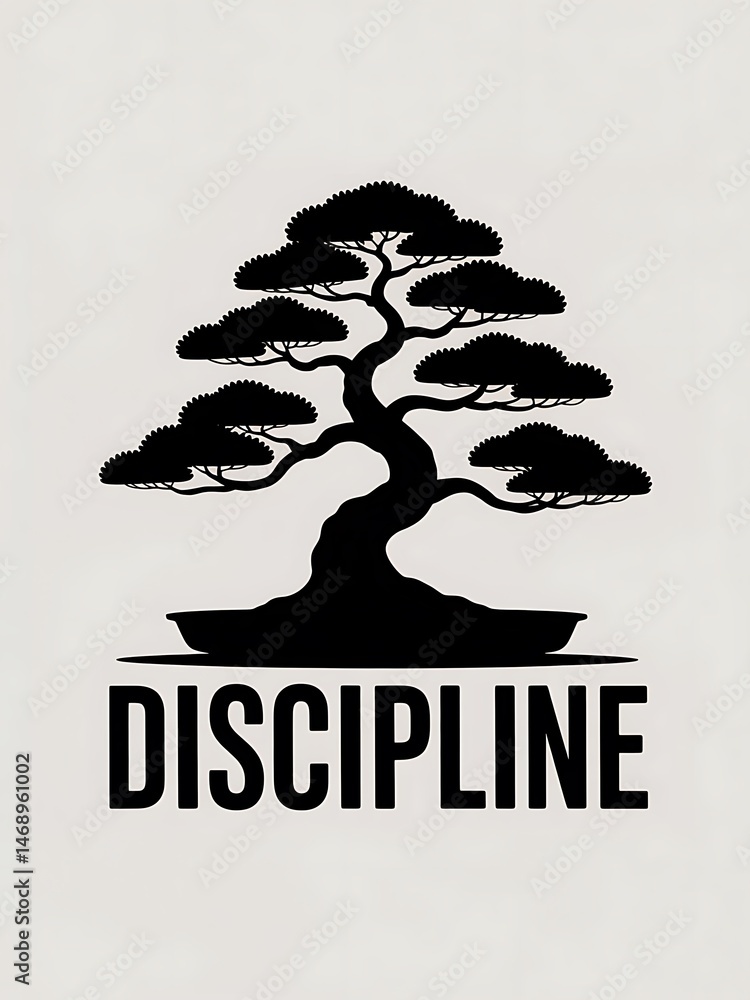 Poster artistic representation of a bonsai tree symbolizing discipline and focus