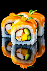 A close up of a sushi roll on a black surface