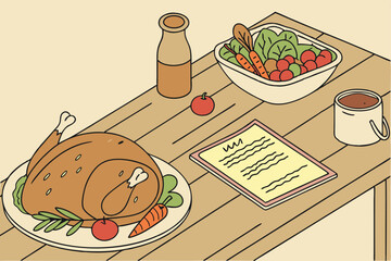 168 photorealistic, detailed image of a wooden table with a roasted turkey, vegetables, and a recipe card