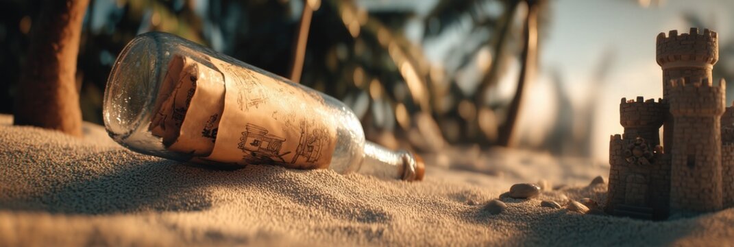 Message in a bottle washed ashore on a tropical beach with sandcastle