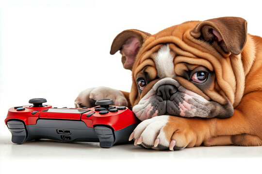 A bulldog laying down next to a video game controller