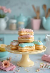 Stack of Pastel Eclairs on Cake Stand Delicious Dessert Pastries with Colorful Frosting and Sprinkles Sweet Treats for Celebrations and Festive Occasions in Kitchen