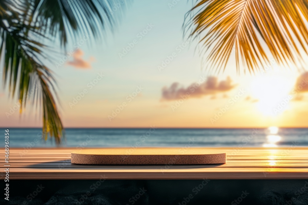 Poster wooden table with a palm tree in the background. the table is empty and the ocean is in the backgrou