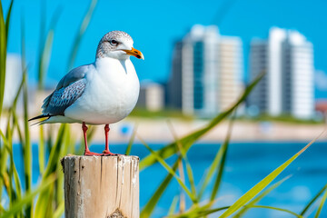 Obraz premium A seagull standing on top of a wooden post by the water
