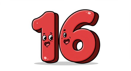 Cartoon Number Sixteen with Faces, Red