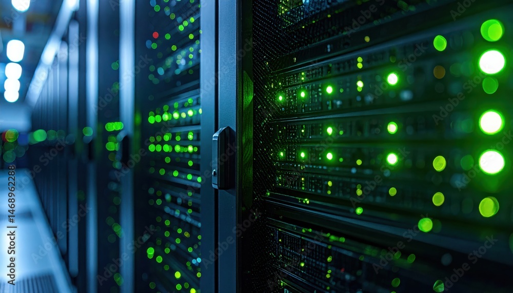 Poster data center with illuminated servers, showcasing advanced technology and organized infrastructure, e