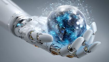 Futuristic Arm Holding Earth : A white robot arm holding a blue globe on an abstract background with digital elements, isolated on a white background.  Generative AI.